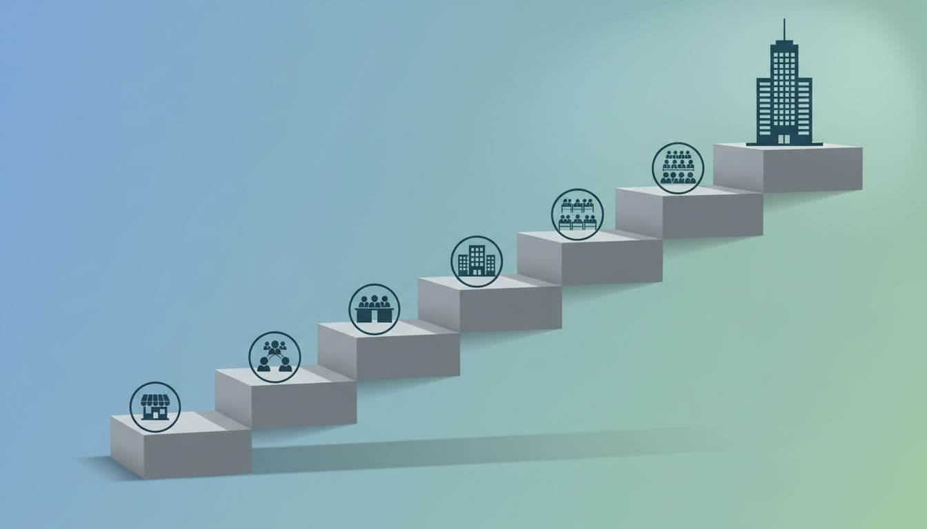 Stylized illustration of a rising concrete staircase with five distinct steps from bottom left to top right, representing business growth stages from a single shop owner to a large corporate operation, against a gradient background in professional blue and green tones.