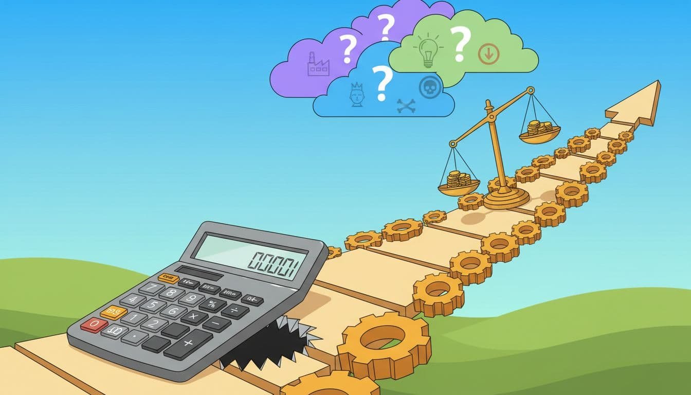Illustrative landscape of a challenging uphill business path with traps like oversized calculators, unbalanced scales, and question mark clouds representing ignored industry and risk factors, in vibrant colors and clean graphic style.