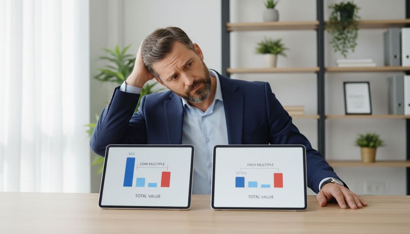 A business owner scratches his head in confusion at his desk while comparing two financial charts: SDE with larger earnings base and lower multiple versus EBITDA with smaller base and higher multiple, both yielding similar valuations.