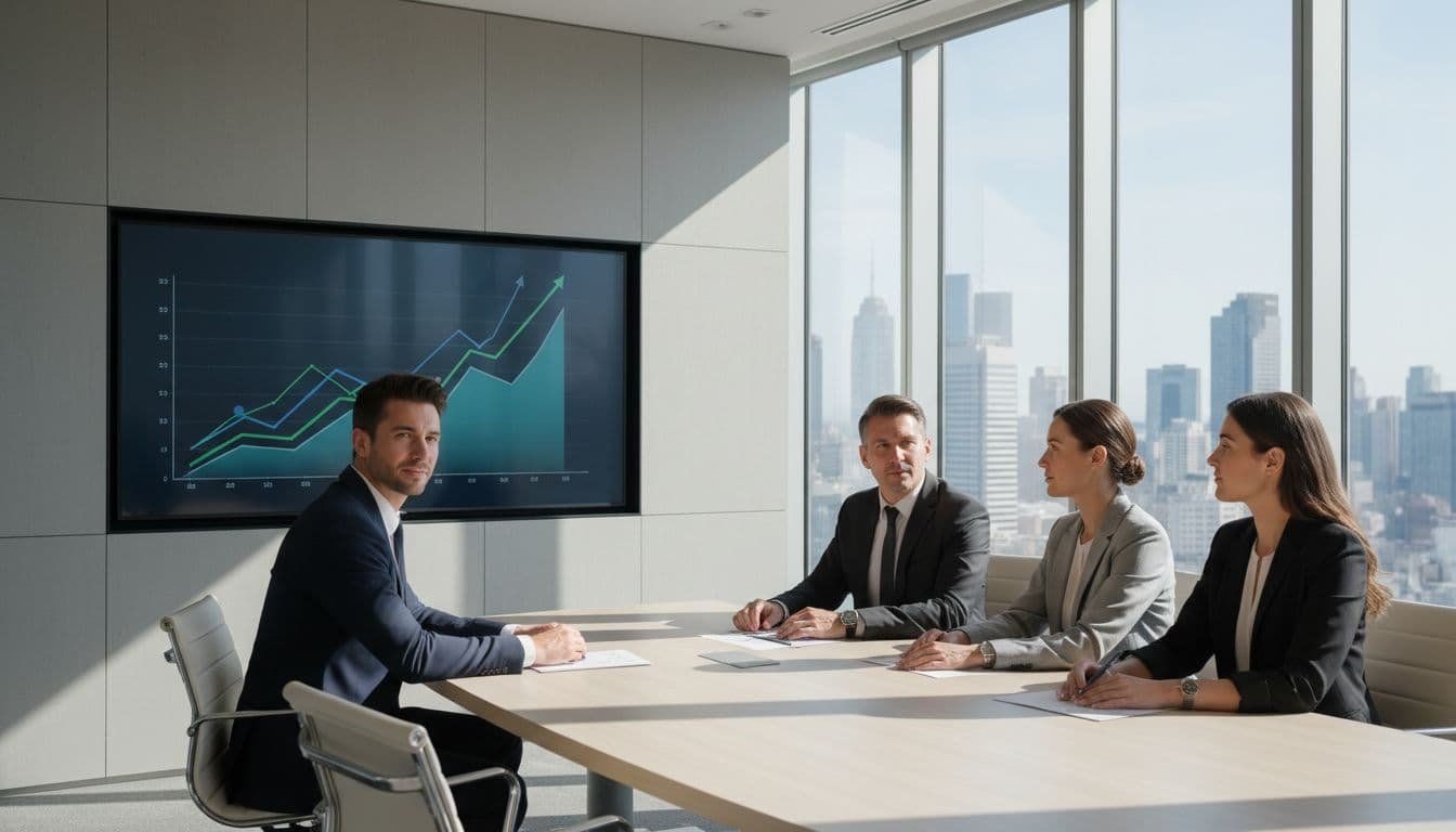 Four diverse business professionals, two men and two women, collaborate confidently around a conference table in a modern boardroom, reviewing abstract upward-trending growth charts on a wall screen, with natural daylight and city view.