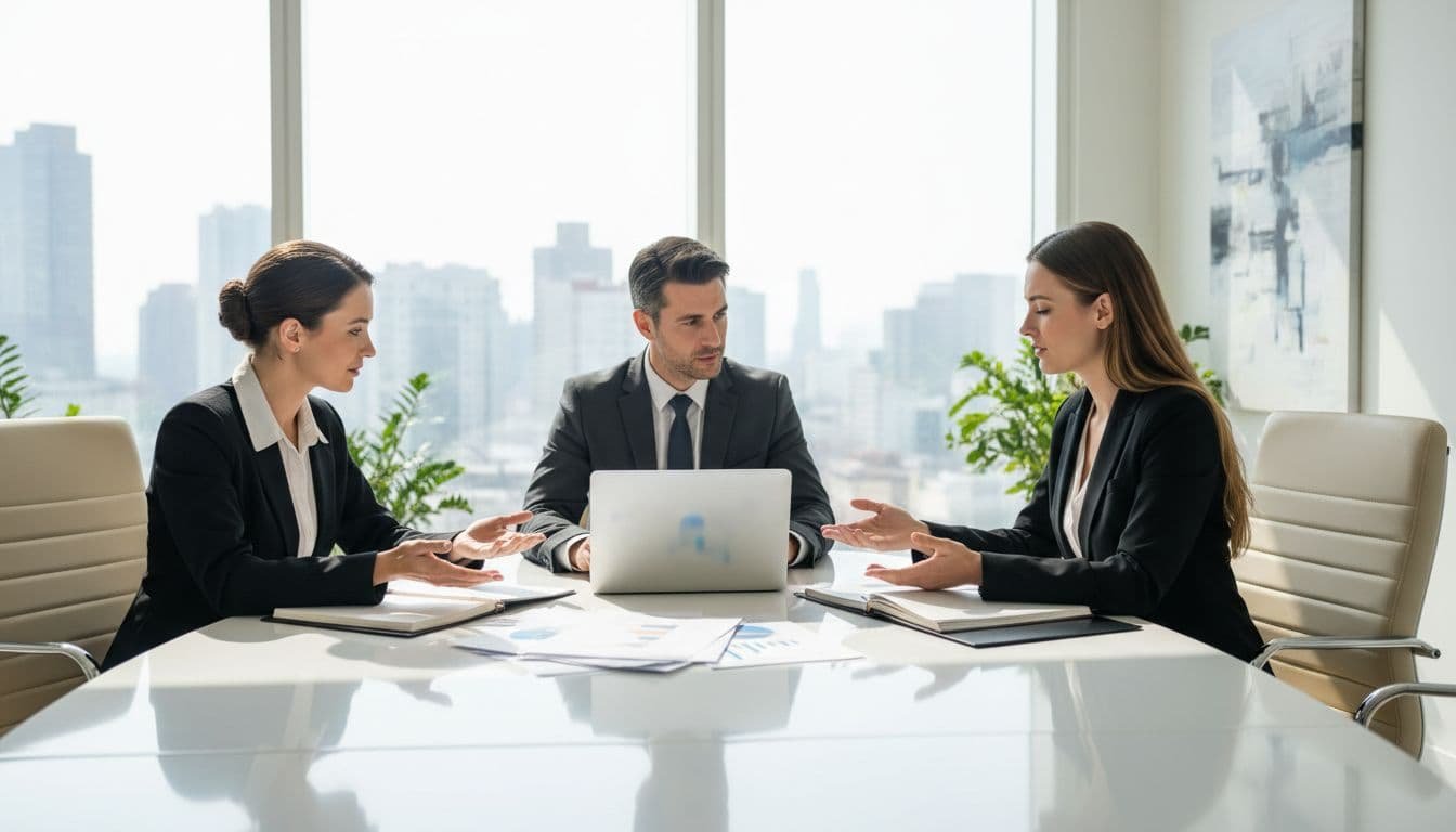 Three professional managers, two women and one man in business attire, sit around a conference table in a modern office, reviewing printed financial reports and a laptop while engaged in discussion under bright daylight from large windows.