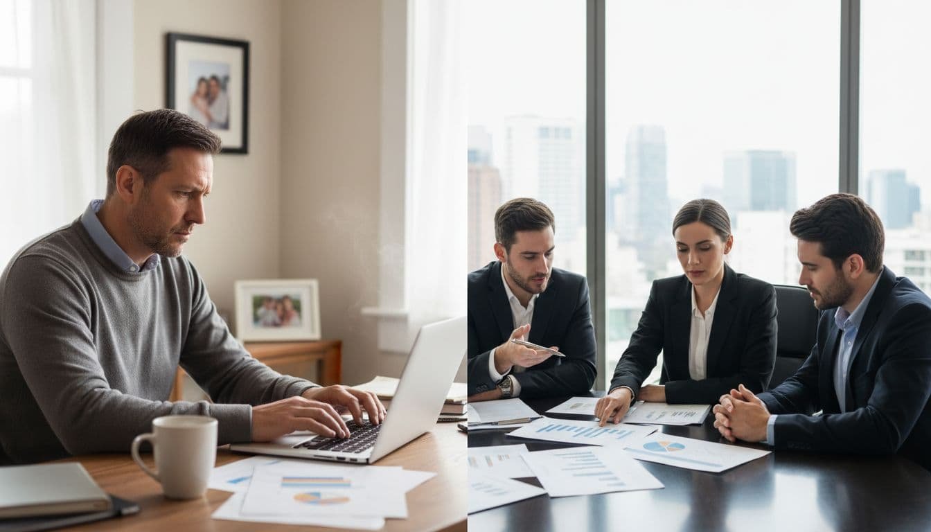Split-scene image showing a solo business owner in a cozy office on the left and a three-person professional team reviewing charts in a conference room on the right, illustrating SDE versus EBITDA valuation differences.