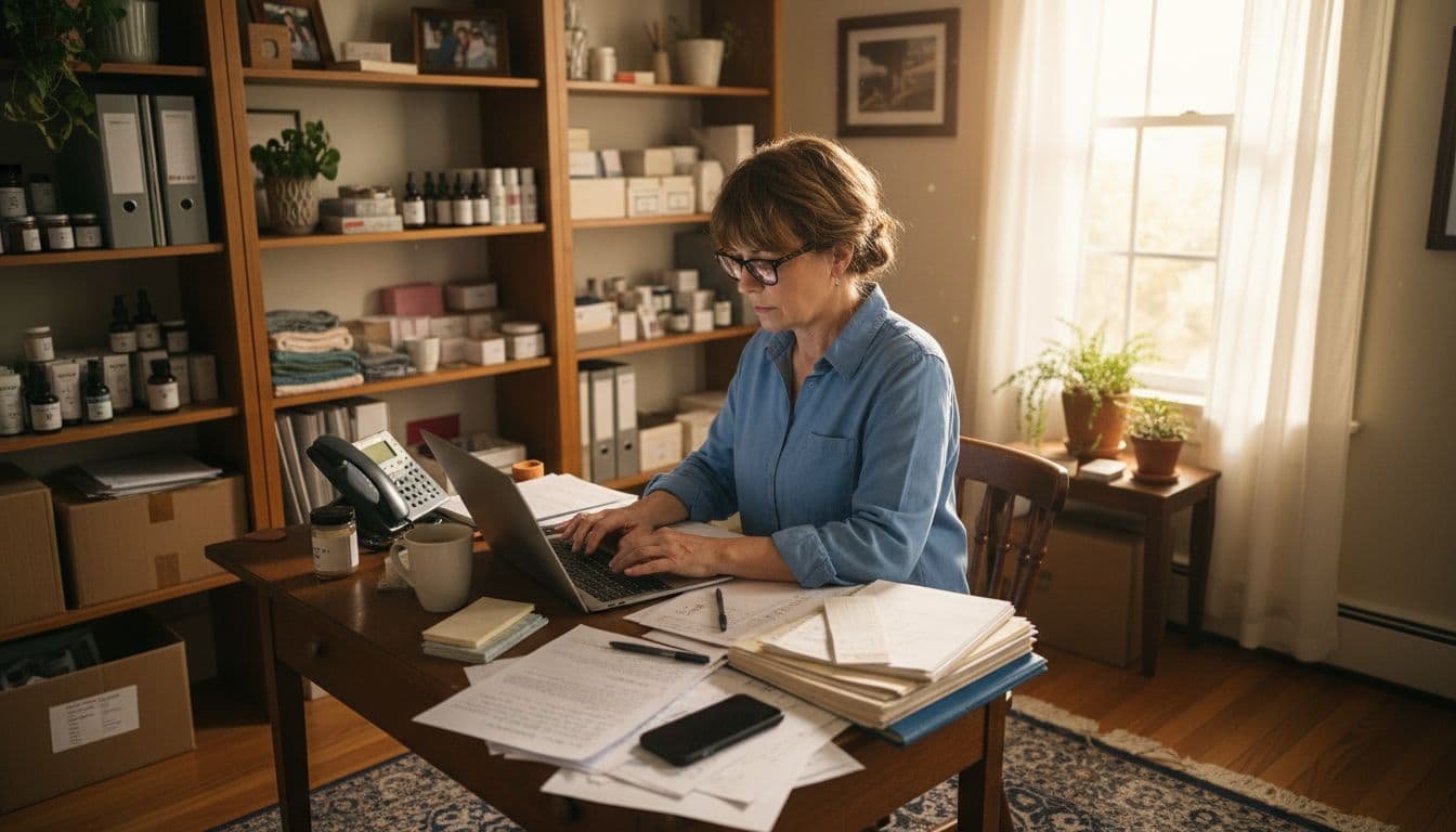 Solo middle-aged business owner working intently at a desk in a small cluttered home office, surrounded by shelves of products, computer, phone, paperwork, and warm natural light from the window.