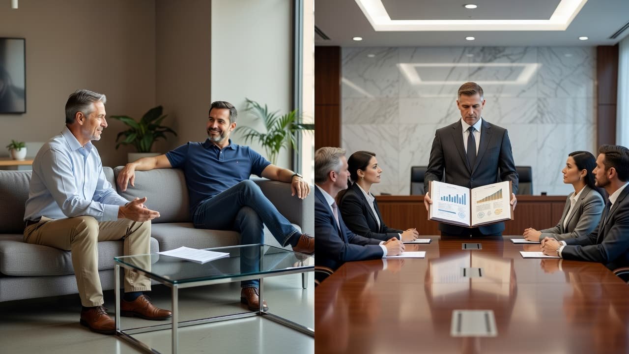 A split-screen composition contrasts a casual meeting where a broker discusses a simple document with a formal, structured scene featuring a professional presenting a thick, stamped, bound business valuation report.