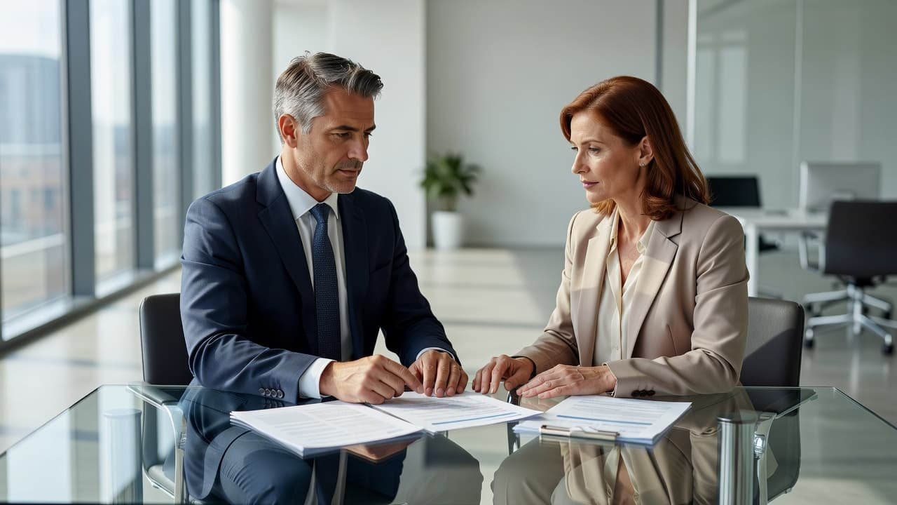 A business broker and client reviewing paperwork at an office desk.