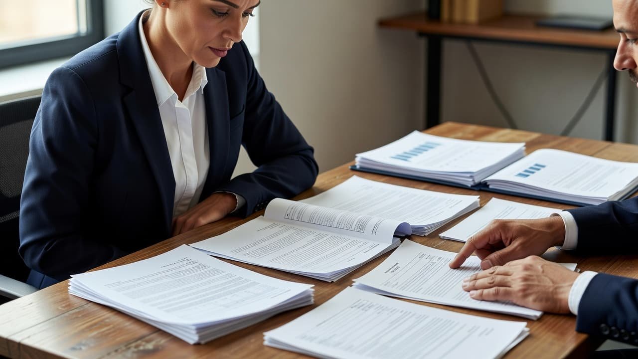 A business broker reviews financial documents and fee agreements at a clean wooden desk.