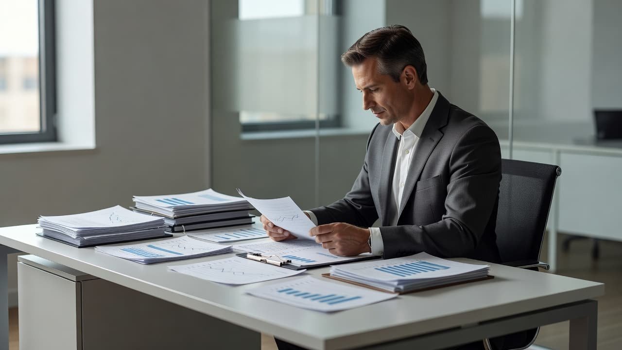 A focused broker reviews dense financial charts and business documents while sitting at a minimalist desk. Bright natural light illuminates the clean workspace, highlighting the concentrated and professional office environment.