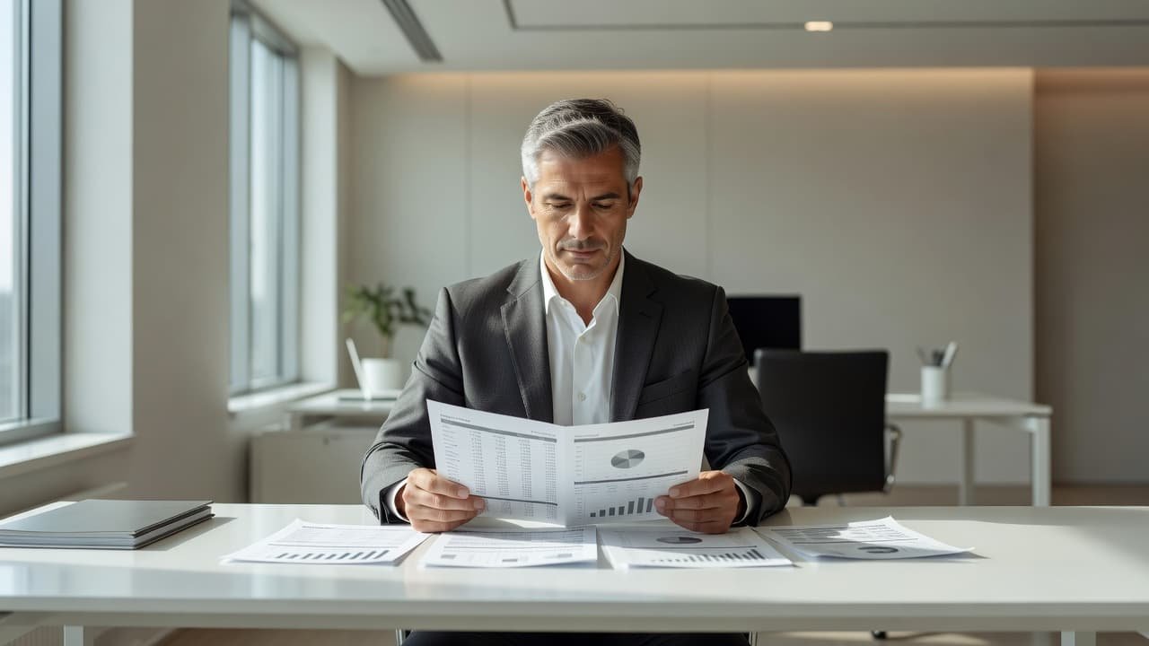 A focused professional sits at a clean wooden desk, carefully examining detailed financial reports. Soft morning sunlight illuminates the organized office space, highlighting the calm atmosphere of a busy workday.