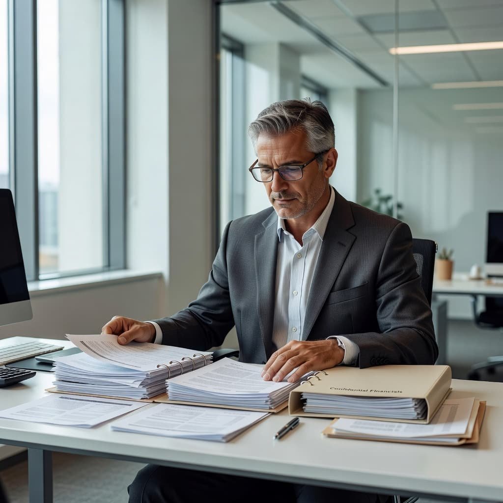 A broker in a tailored suit sits at a minimalist wooden desk, carefully examining paper financial reports. Sunlight illuminates the clean office space, highlighting organized stacks of professional valuation documents.