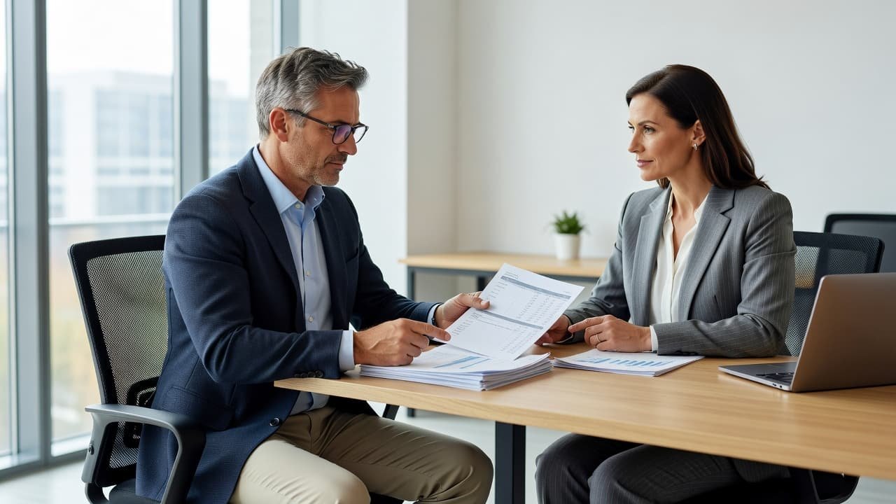 A professional business broker sits at a wooden desk reviewing financial documents with an owner. The bright, modern office provides a clear space for them to discuss business valuation details together.