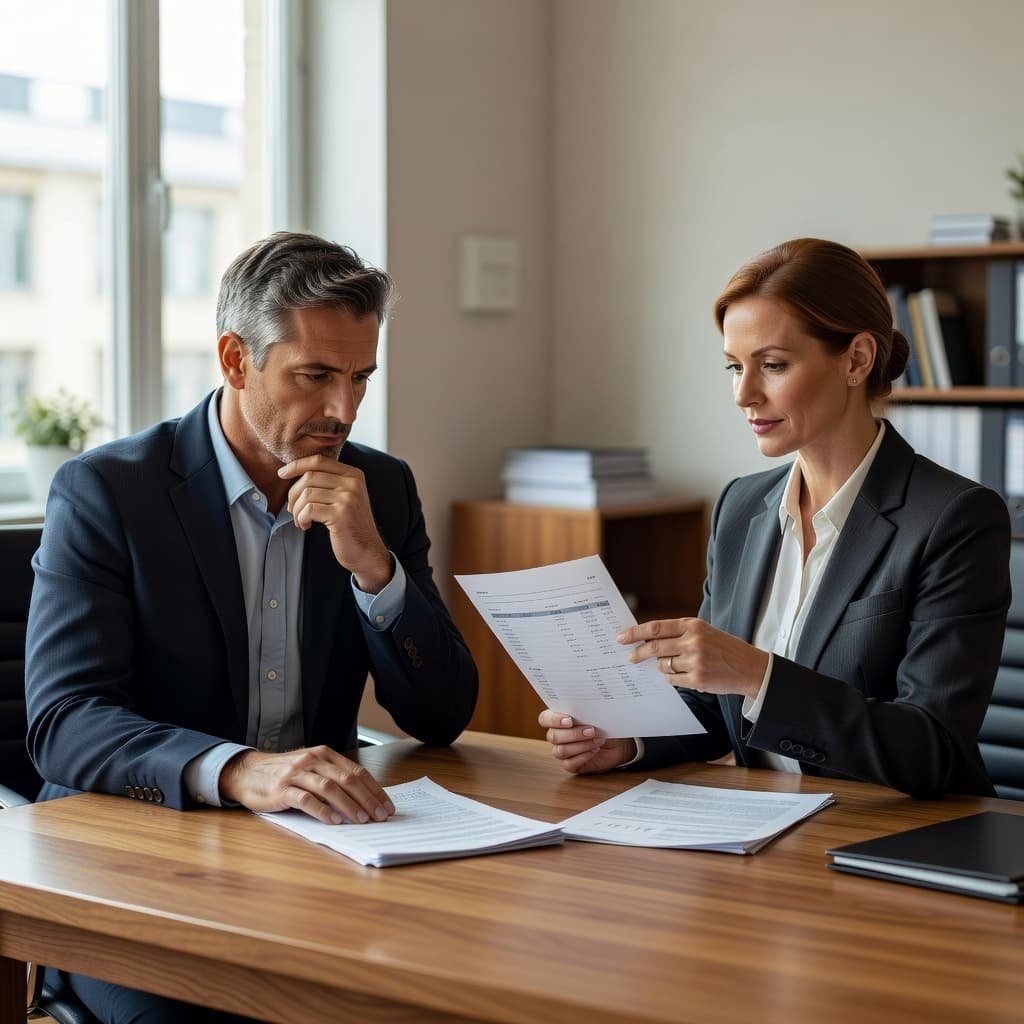 A business owner reviewing documents with a broker across a wooden desk.