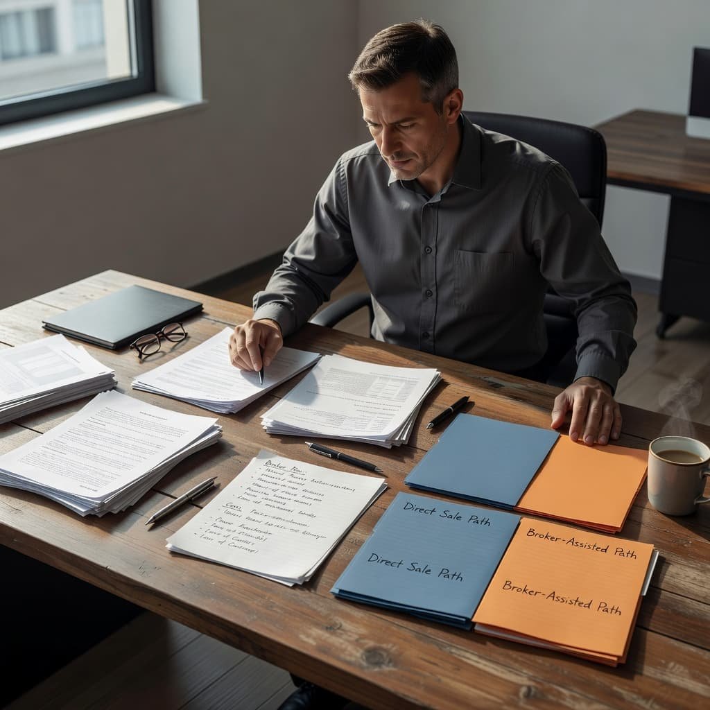 A professional reviewing business documents and notes at a wooden desk.