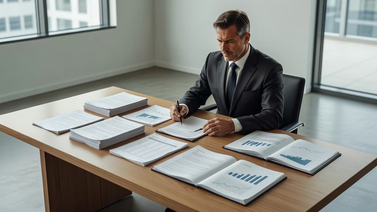 Financial reports and legal documents spread across a clean office desk during a meeting.