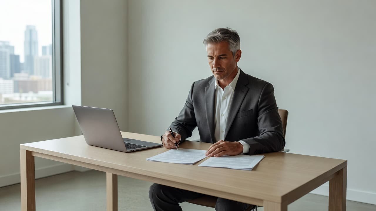 A focused individual in professional attire sits at a clean, minimalist office desk. They carefully examine a stack of legal documents, illuminated by soft natural light entering through nearby glass panels.