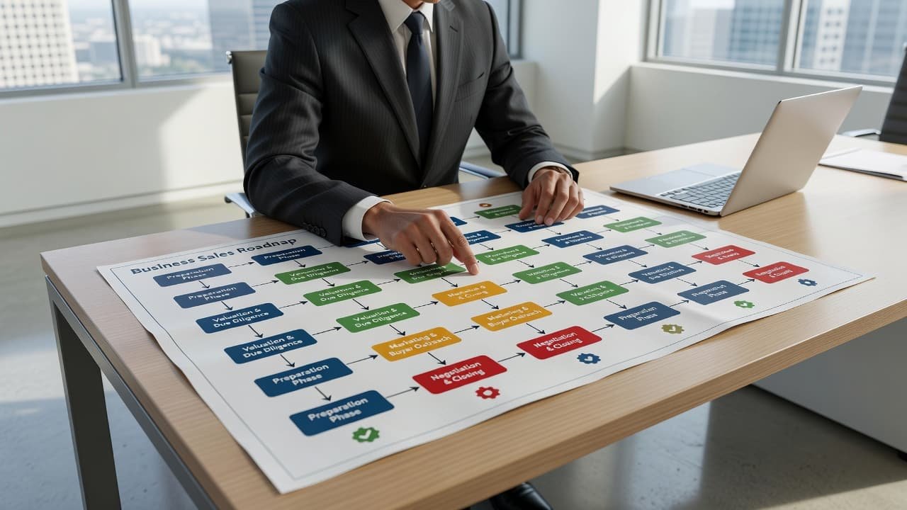 A professional reviewing a business roadmap document on a clean office desk.