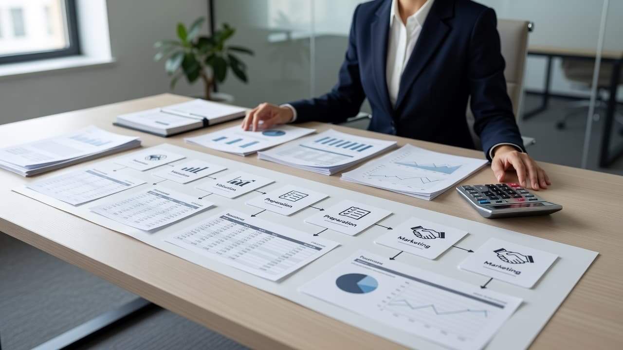 Financial documents and a structured transaction timeline layout on a modern office desk.