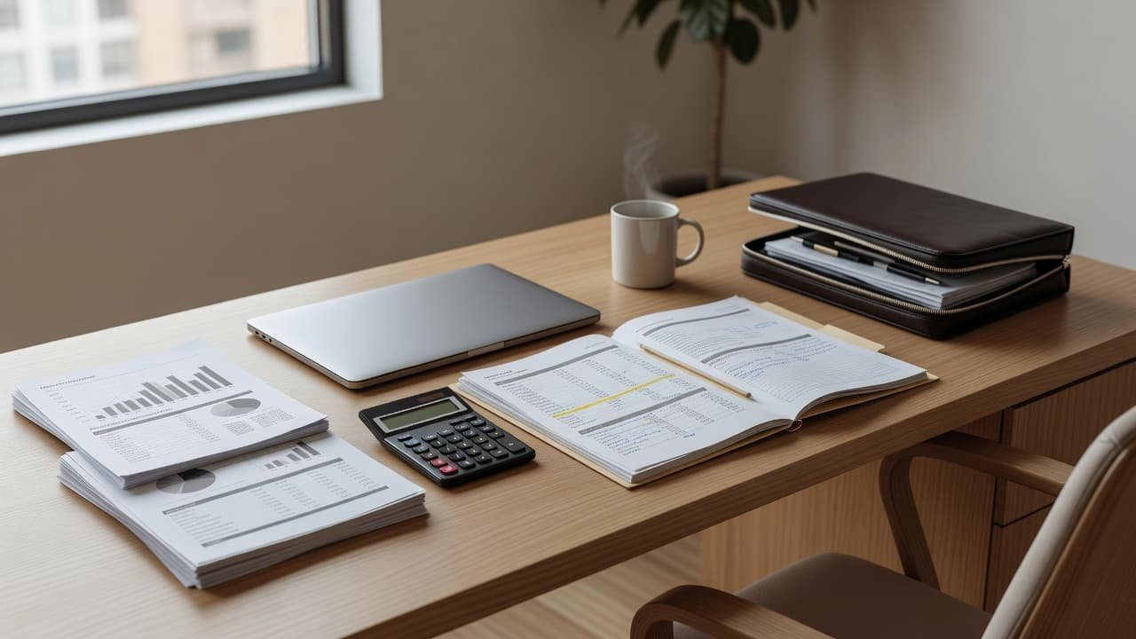 A clean desk surface displays a silver laptop next to an organized pile of financial documents and a calculator. Soft natural light illuminates the workspace to highlight a professional environment.