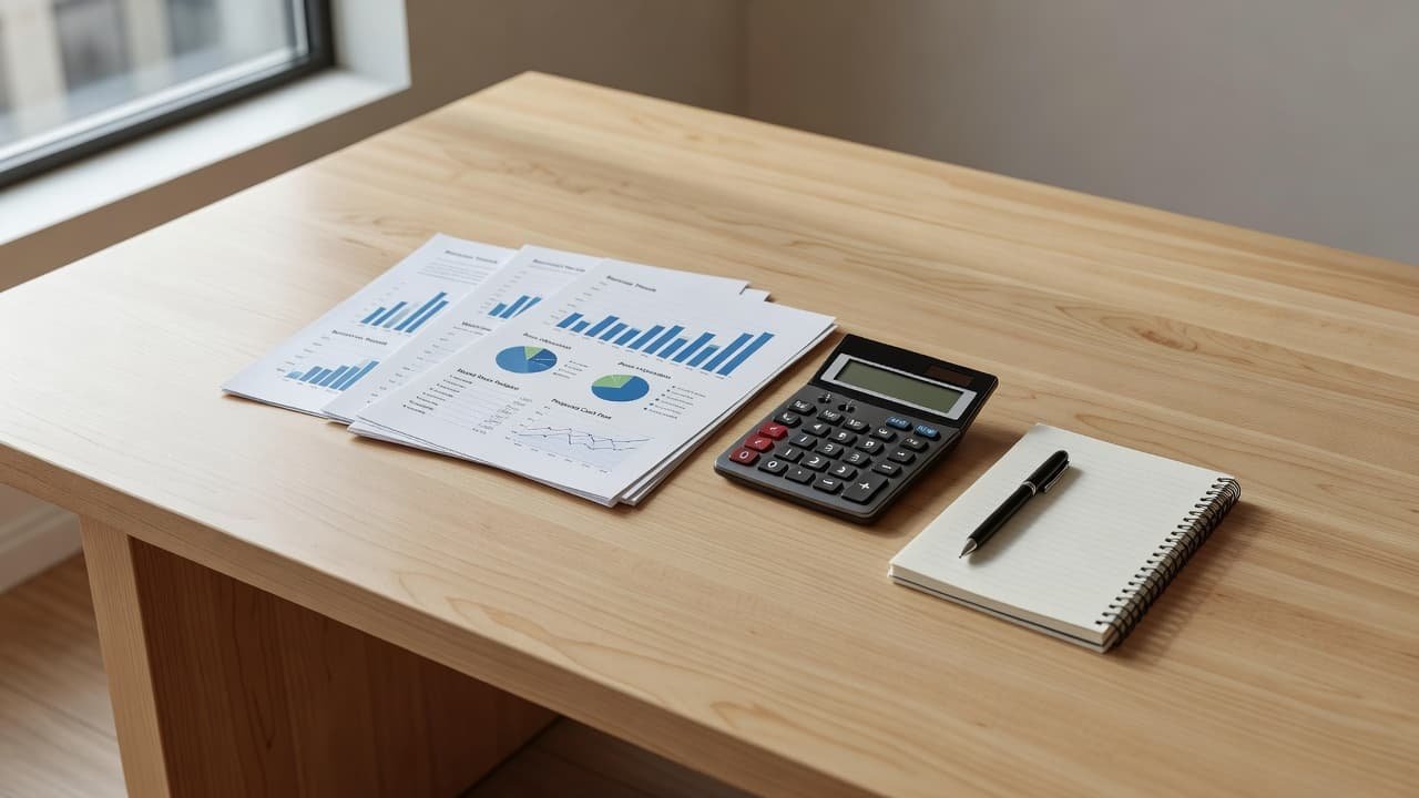 Valuation documents and financial charts on a desk by a window.