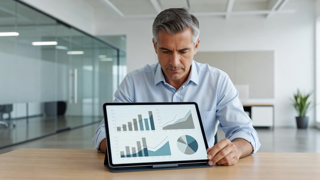 A focused individual examines glowing growth charts and abstract financial metrics on a digital tablet screen. The bright office setting features a minimalist workspace with soft, clean, professional ambient lighting.