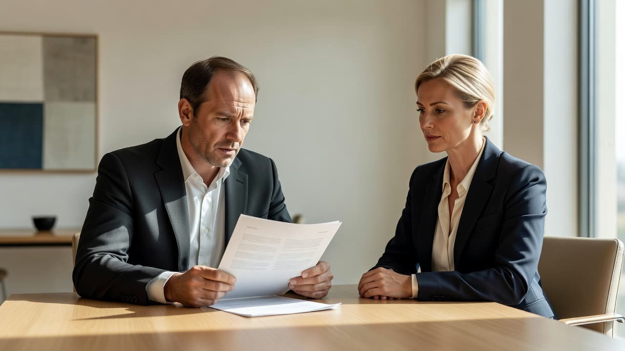 A focused broker presents a financial document to a business owner who leans back with a look of visible frustration. The minimalist, sun-drenched office setting emphasizes their tense professional interaction.