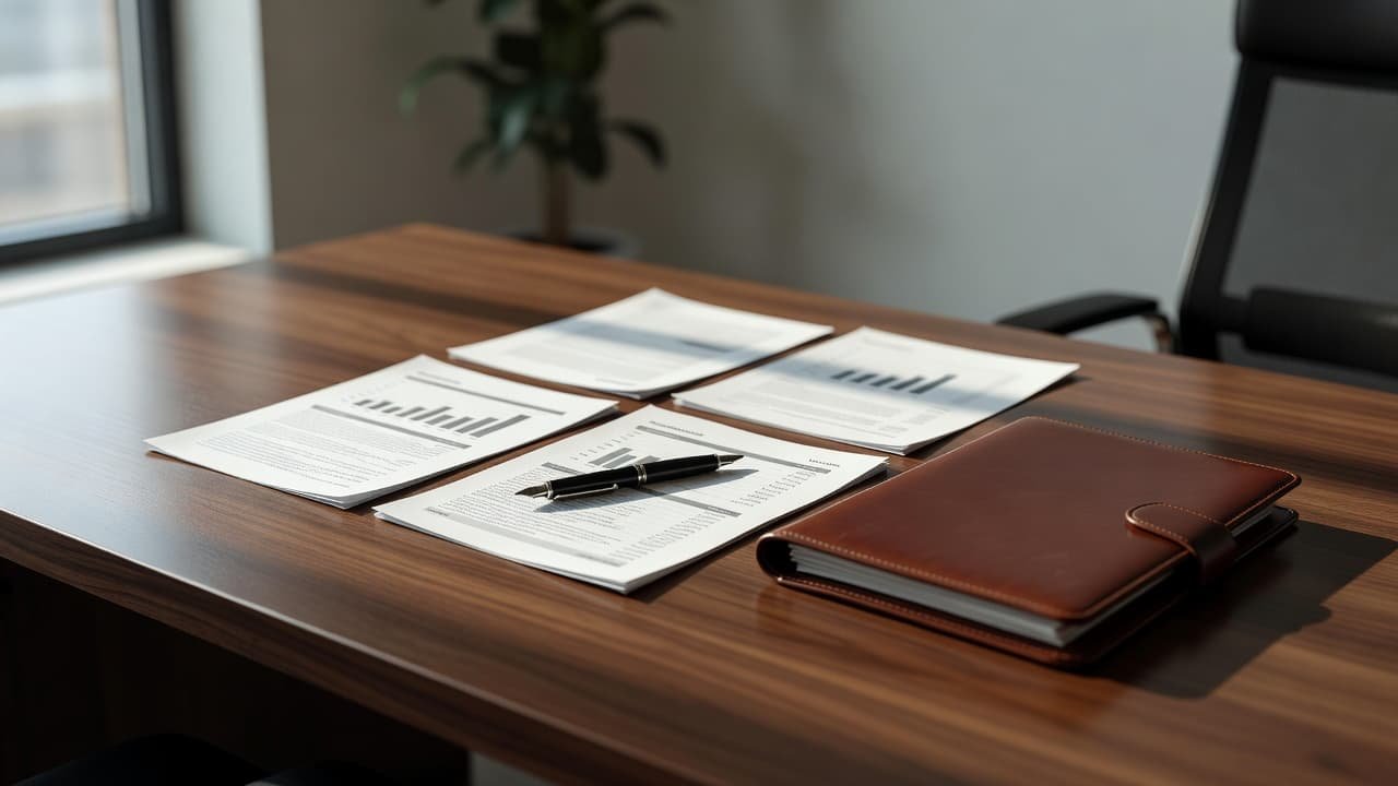 An organized wooden office desk featuring business documents illuminated by window light.
