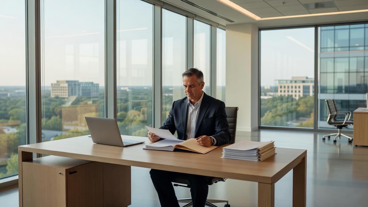 A focused individual sits at a clean desk reviewing stacks of organized files inside a bright office. Soft ambient light illuminates the minimalist interior, highlighting a sense of business readiness.