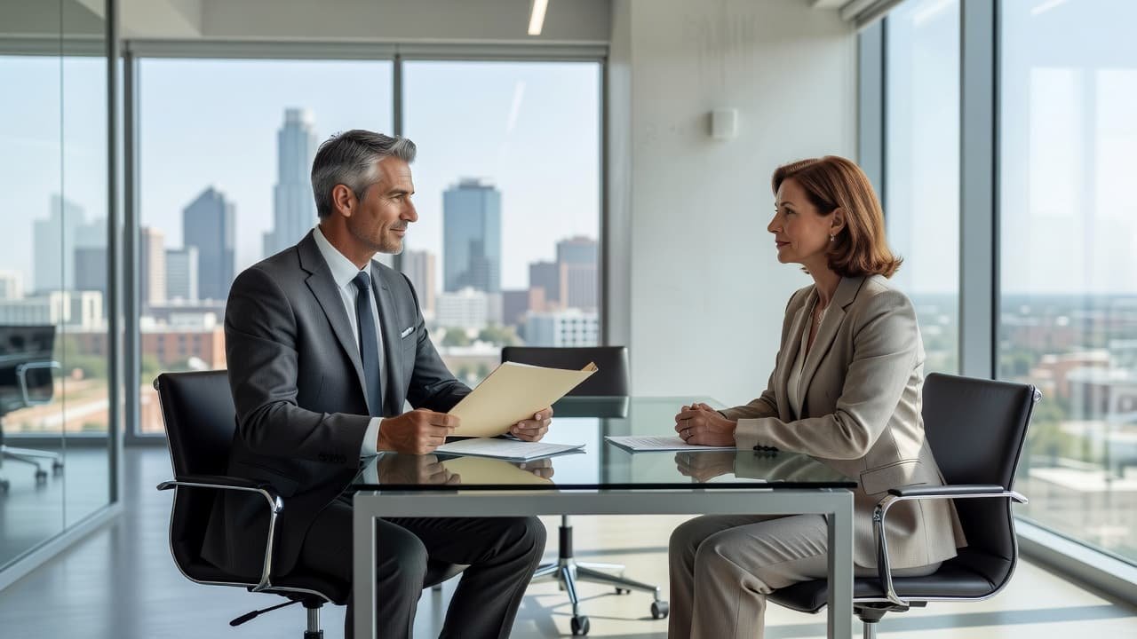 An experienced business broker in a crisp white shirt holds a professional folder while conversing with a client. They sit in a sunlit, minimalist office featuring modern glass walls and furniture.
