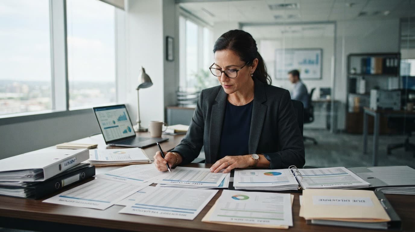 One business advisor reviews asset lists and financial papers at an office desk.