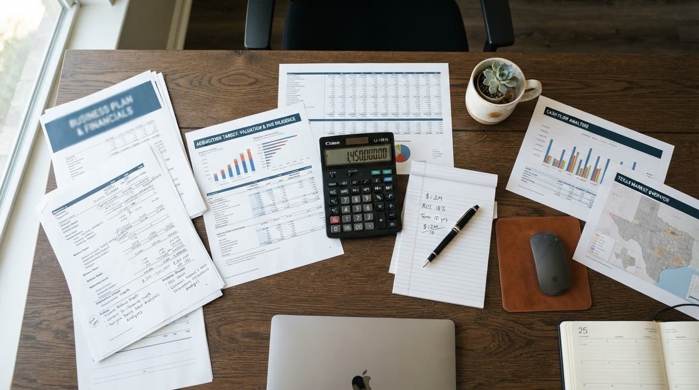 Top-down view of financial documents, a calculator, and pen on a bright office desk.