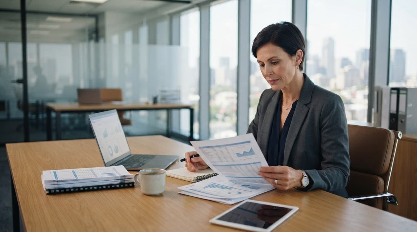 Business advisor reviewing financial papers at a clean desk in a modern office.