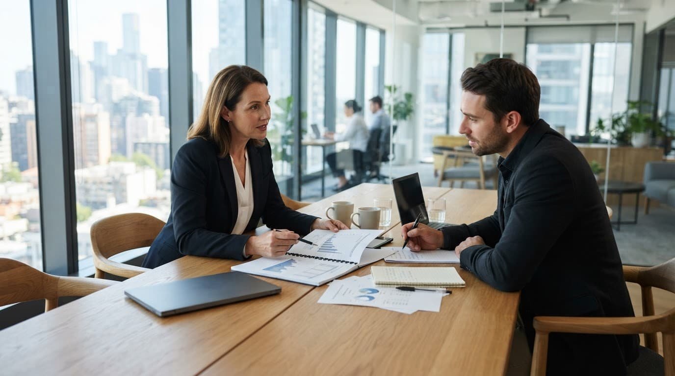 Two professionals review documents across a wooden table in a bright modern office.