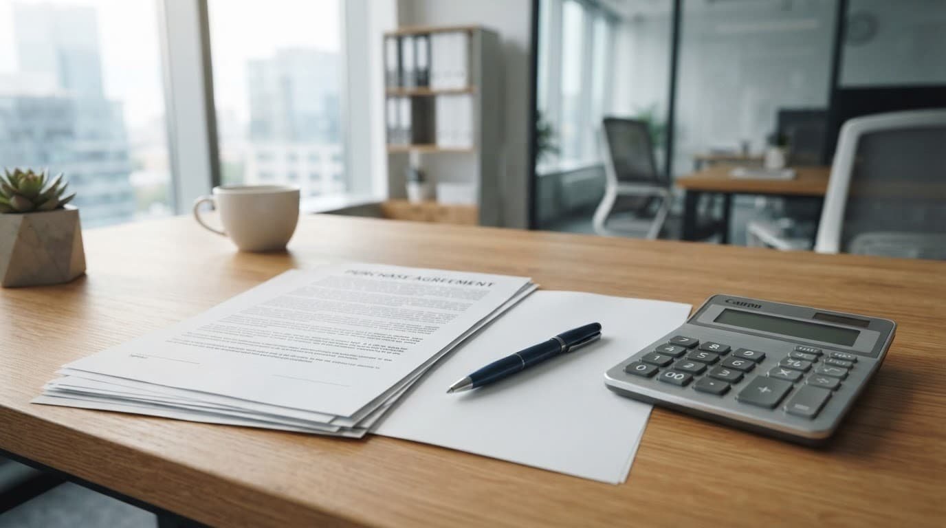 Purchase agreement, calculator, and pen on a sunlit office desk.