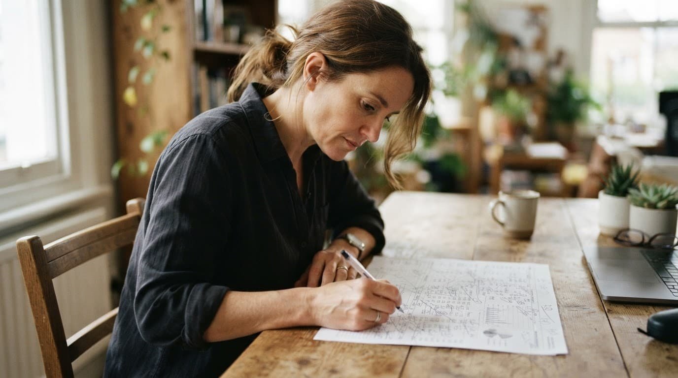 A business owner reviews a data sheet at a wooden desk in soft daylight.