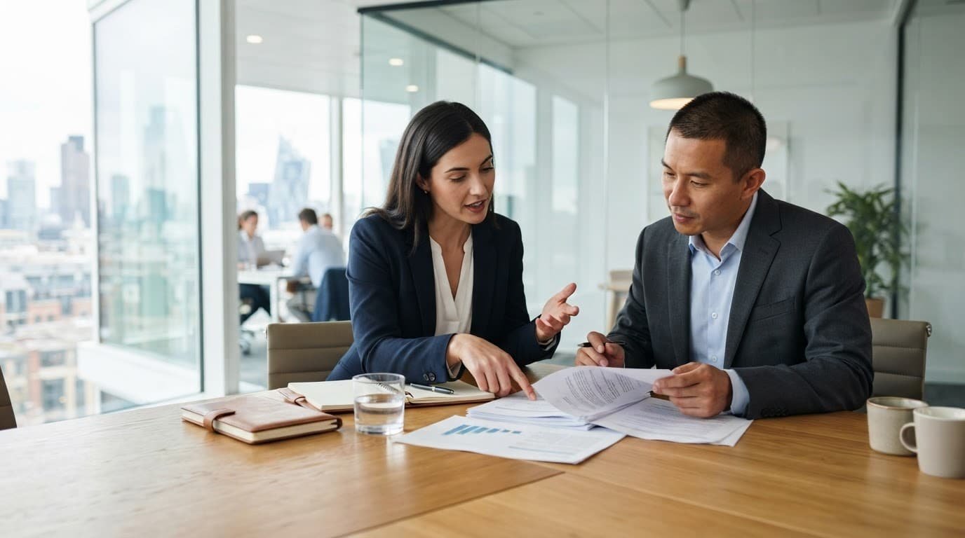 Two professionals review documents at a wooden table in a bright modern office.