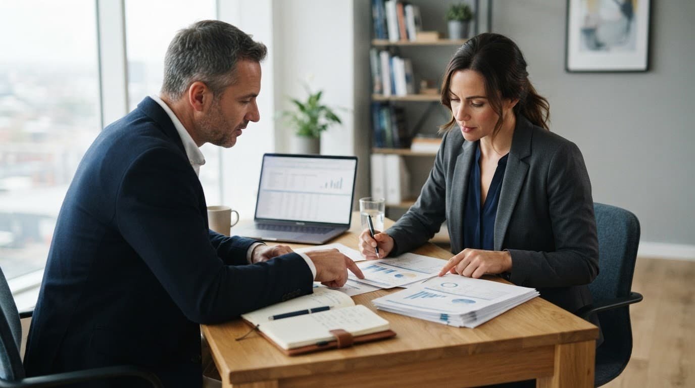 An advisor reviews documents beside a laptop at a bright office desk.