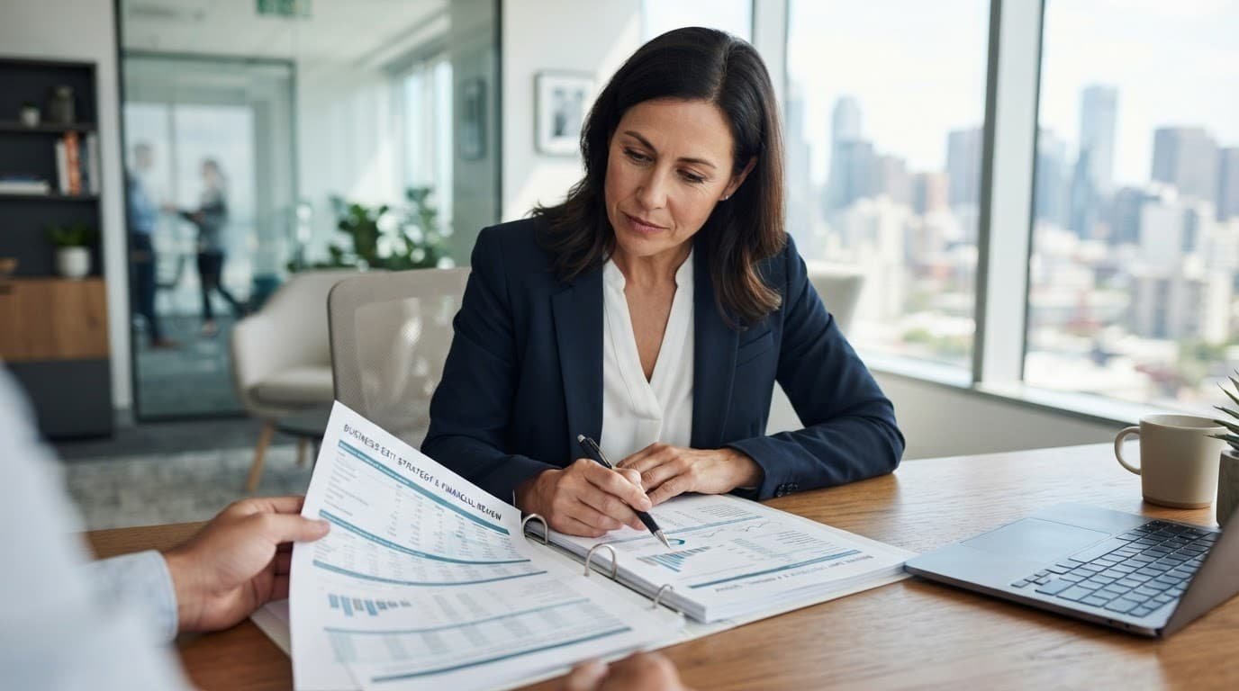 A professional reviews financial documents at a desk in a bright modern office.