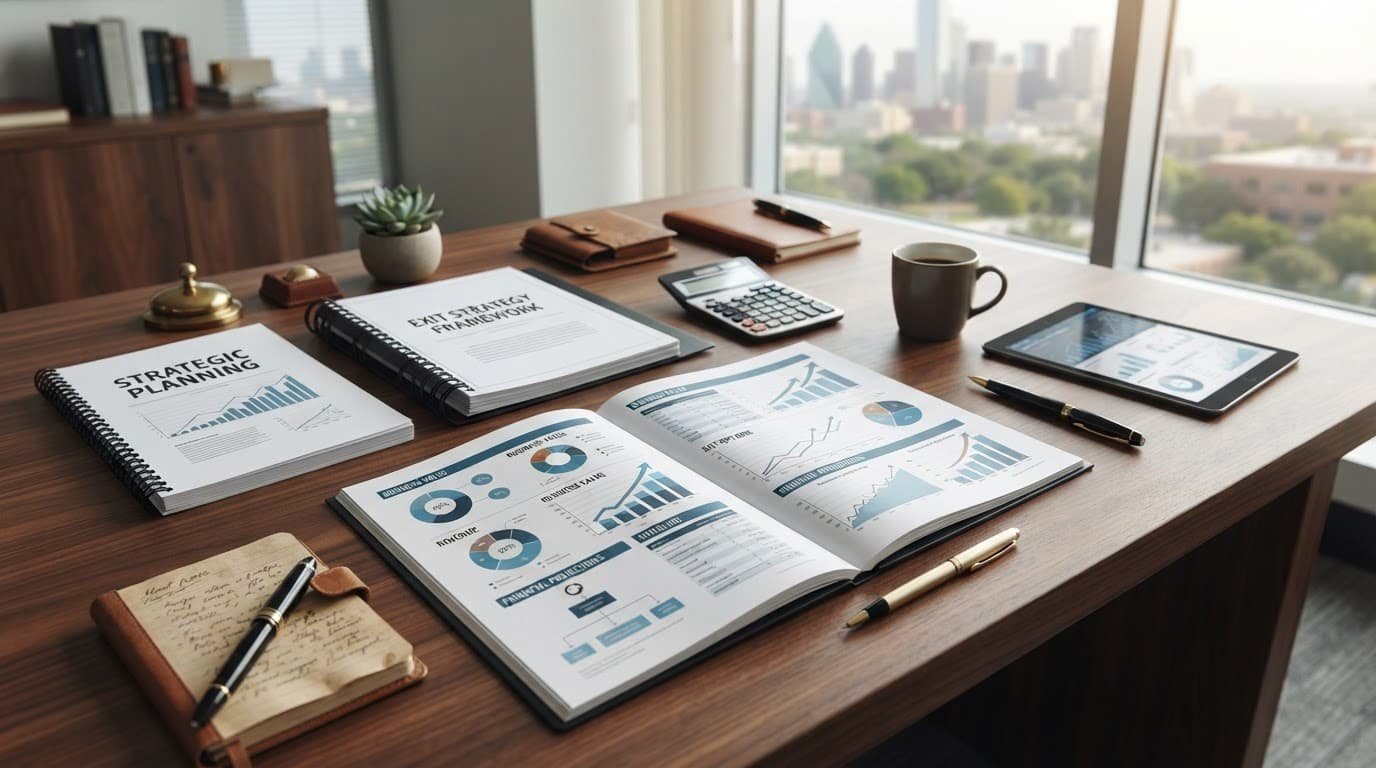 Business documents, charts, and a calculator on a sunlit wooden office desk.