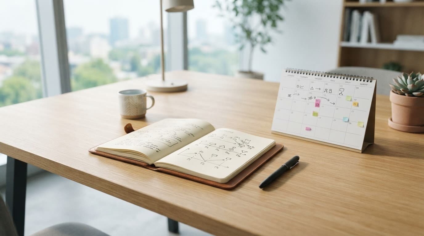 A modern desk with a notebook, pen, and milestone calendar chart in bright natural light.