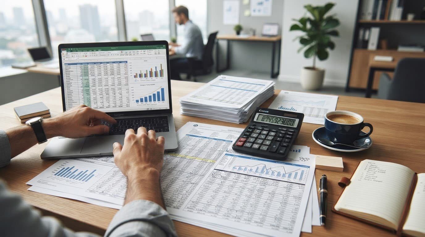 Desk with financial papers, a laptop, calculator, and coffee in a bright office.