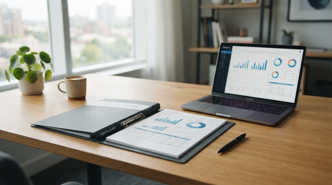 A folder, pen, and laptop with charts on a desk beside a bright window.