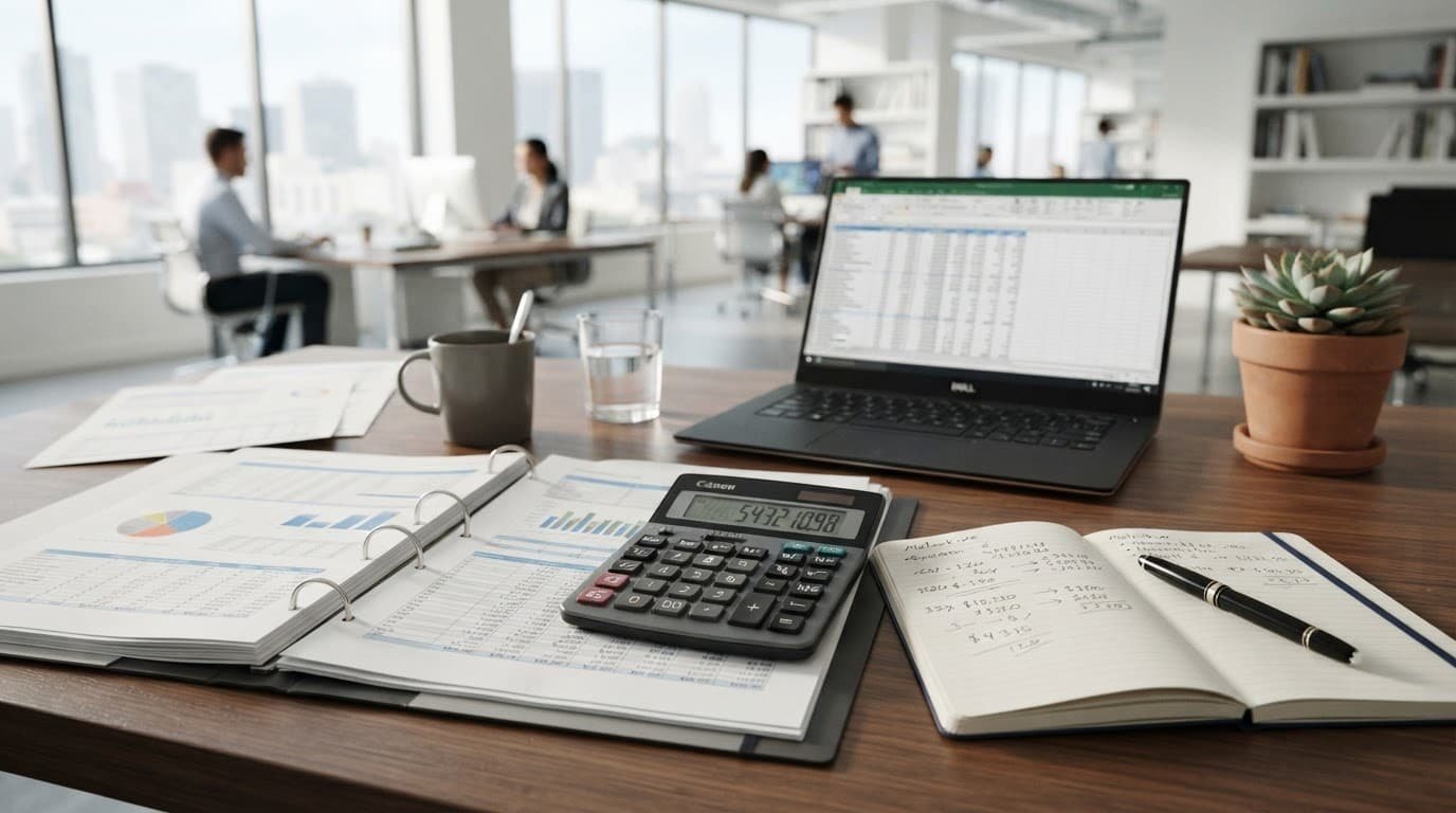Desk with financial spreadsheets, a calculator, and a notebook in a modern office.