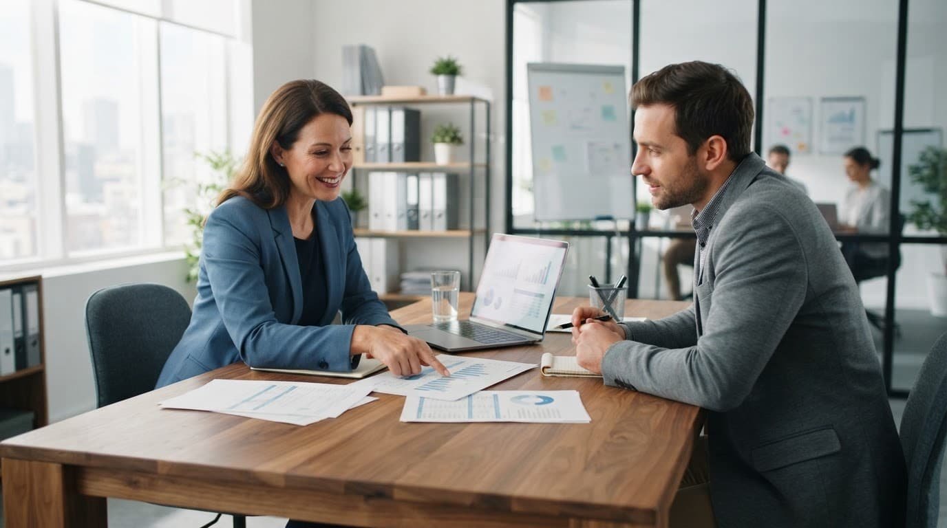 Advisor and client review documents across a desk beside a laptop.