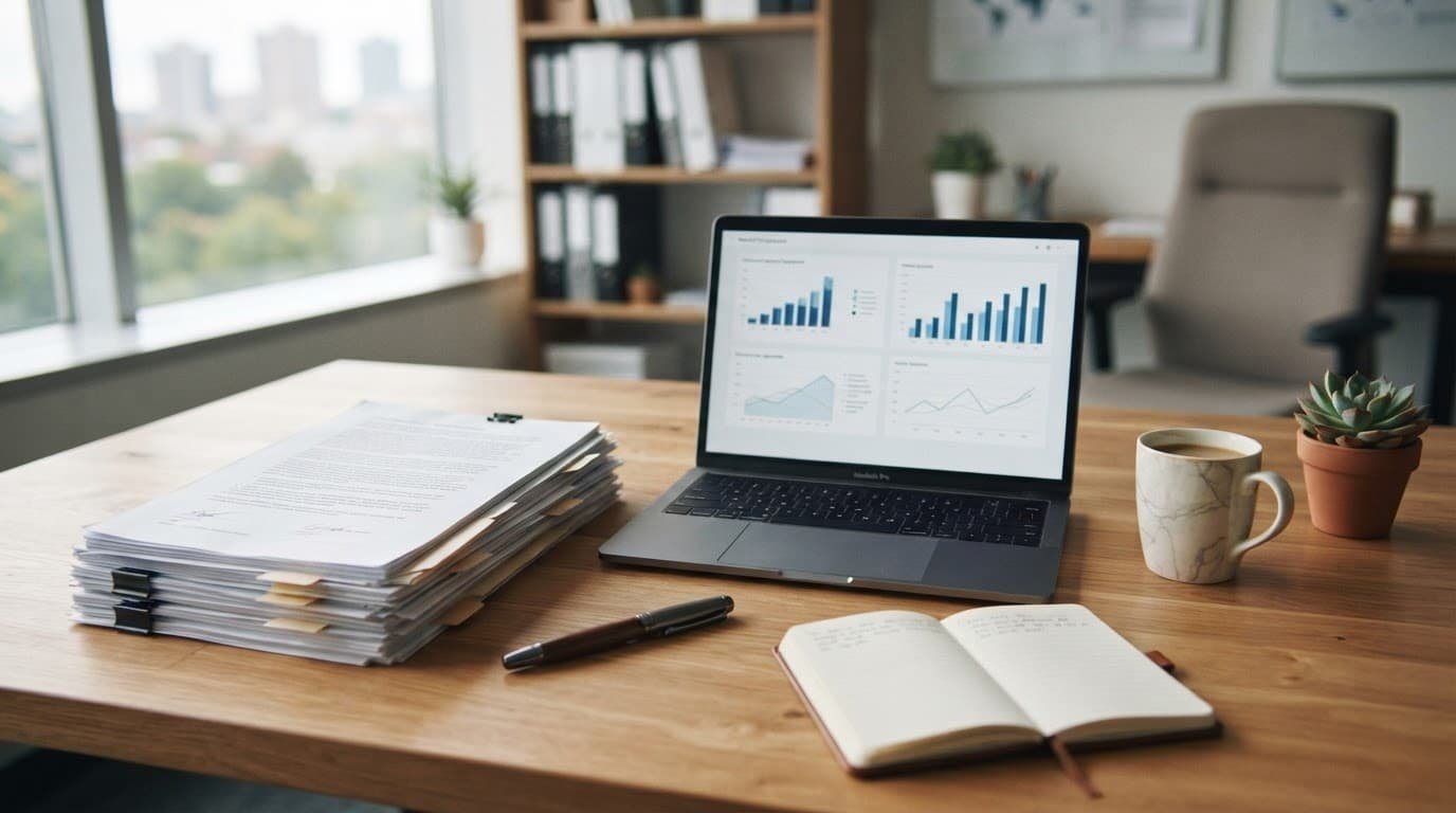 Legal documents, a pen, and an open laptop arranged on a clean office desk.