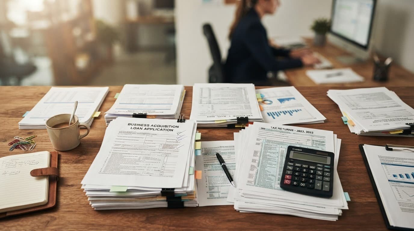 Loan files, tax returns, and a calculator arranged on a wooden desk with one blurred person nearby.
