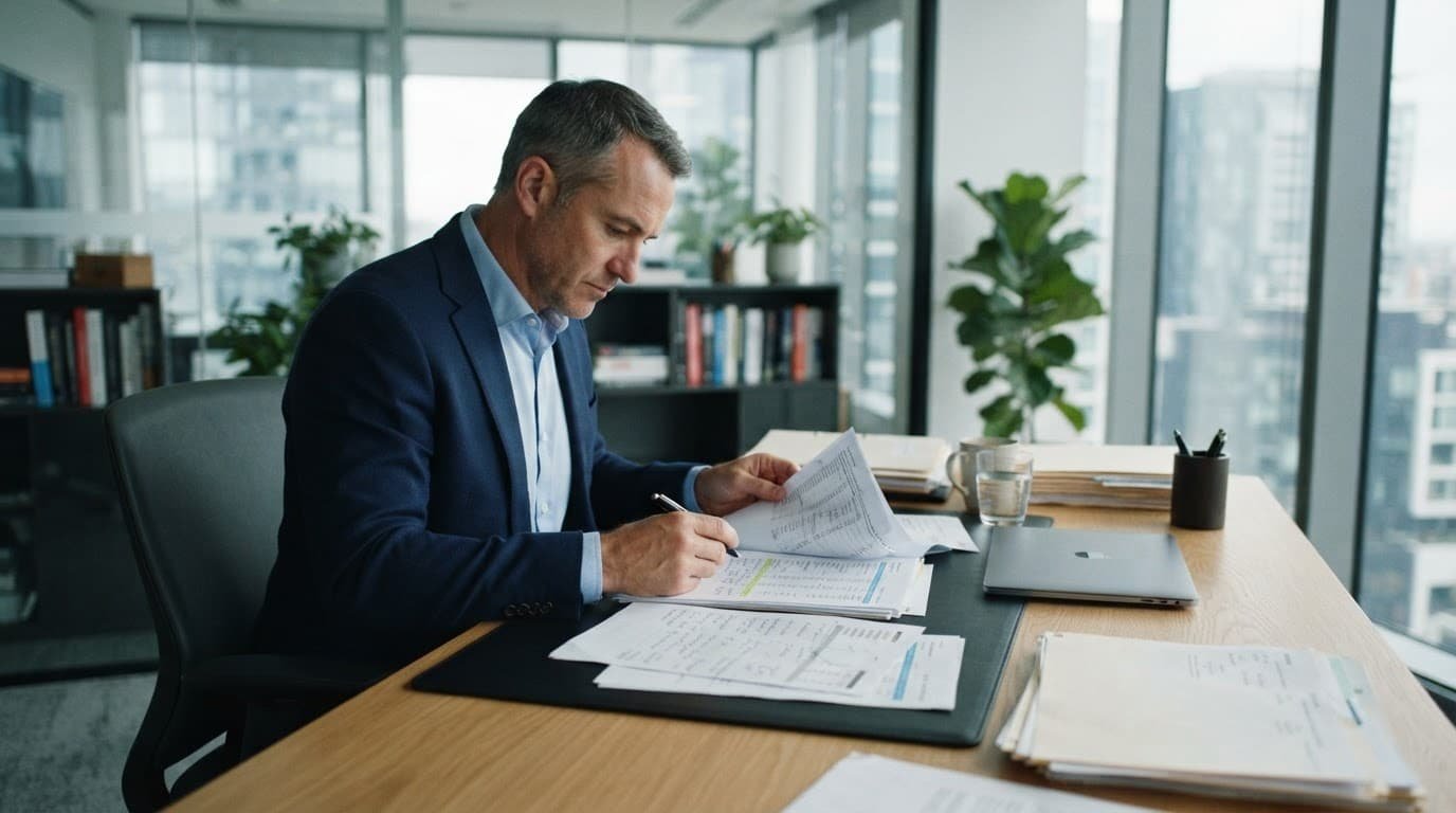 Business owner reviewing financial papers at a clean desk in a modern office.