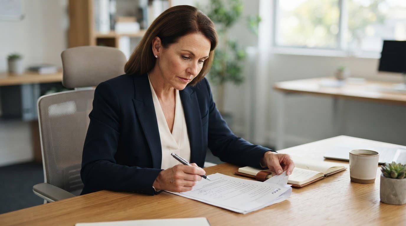 Business owner reviewing papers at a clean wooden desk with a pen.