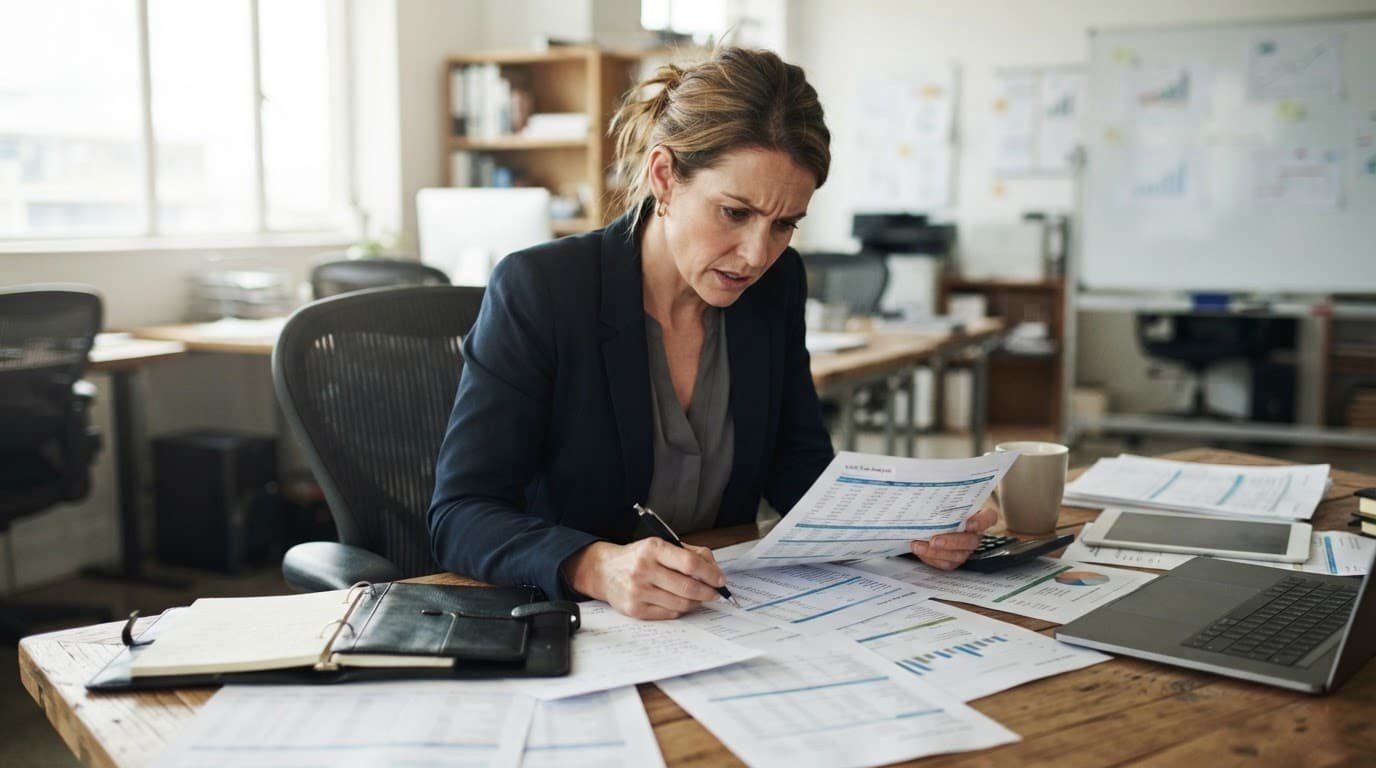 Business owner reviewing financial papers at a wooden desk in a bright office.