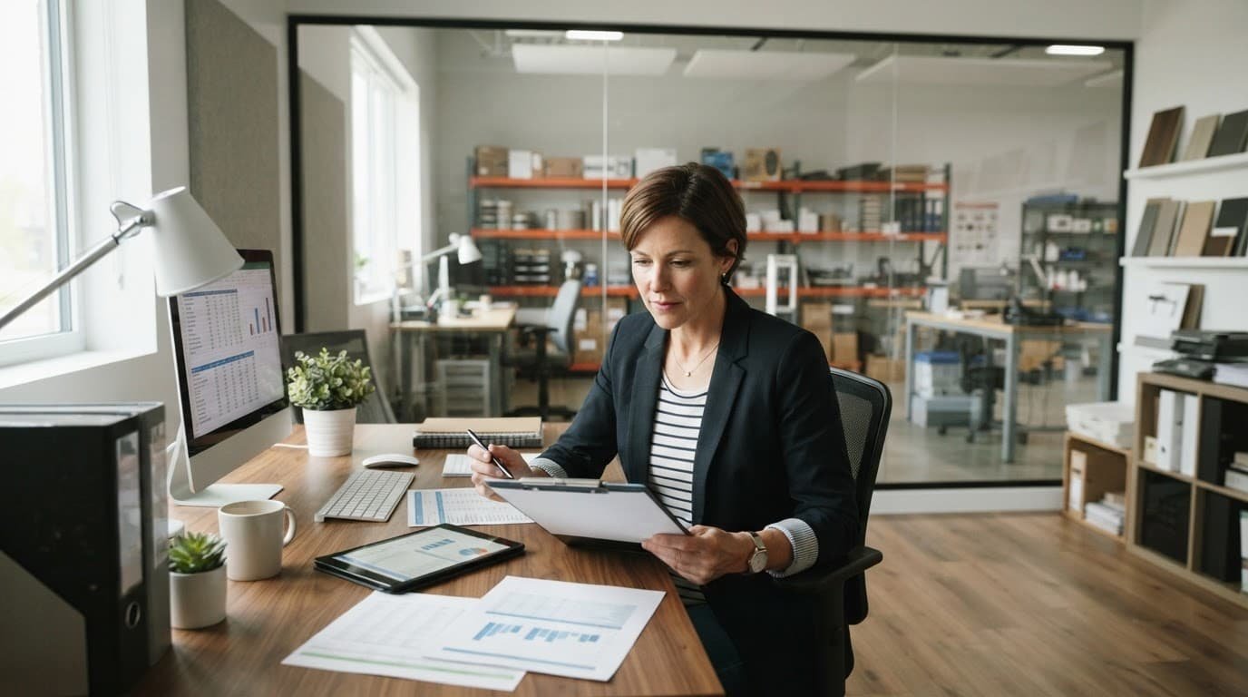 A business owner reviews work at a desk in a bright modern office.