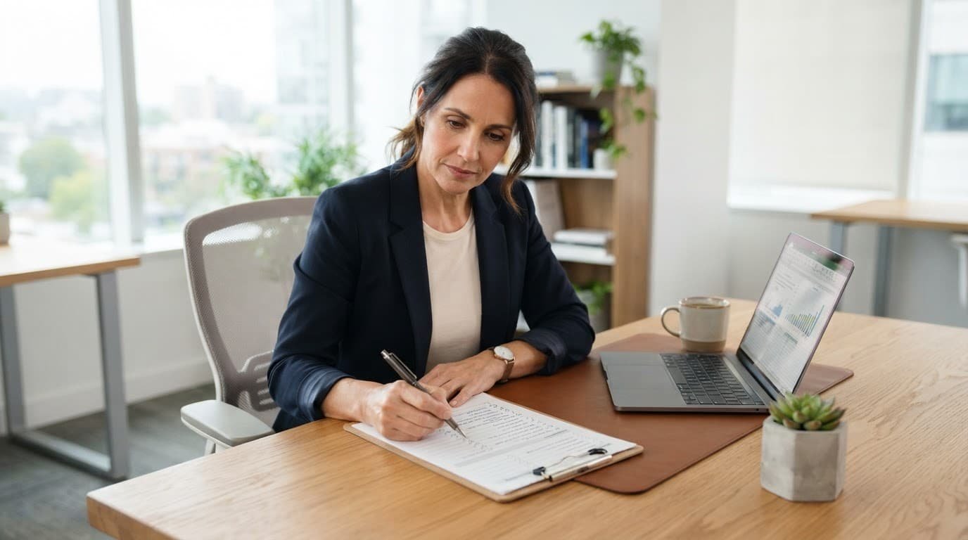 Business owner reviewing a checklist beside a laptop at a bright office desk.