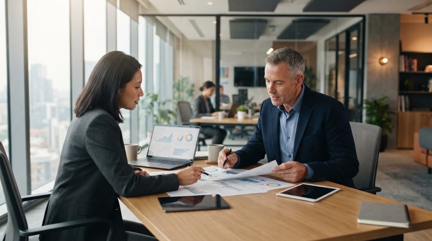 A business owner reviews financial and marketing papers at a clean office desk.